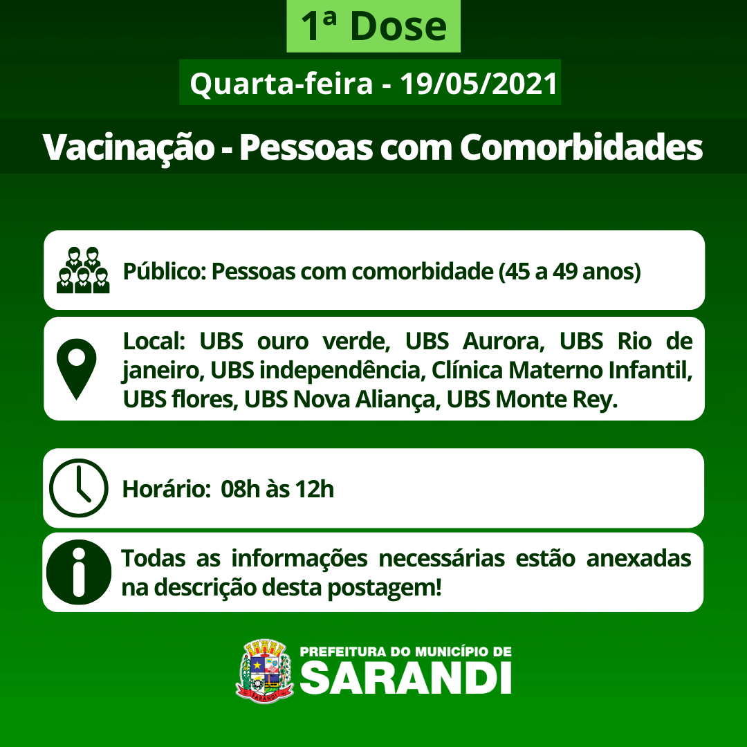 Cronograma de Vacinação contra Covid-19 (Comorbidades) - Quarta-feira - 19/05/2021